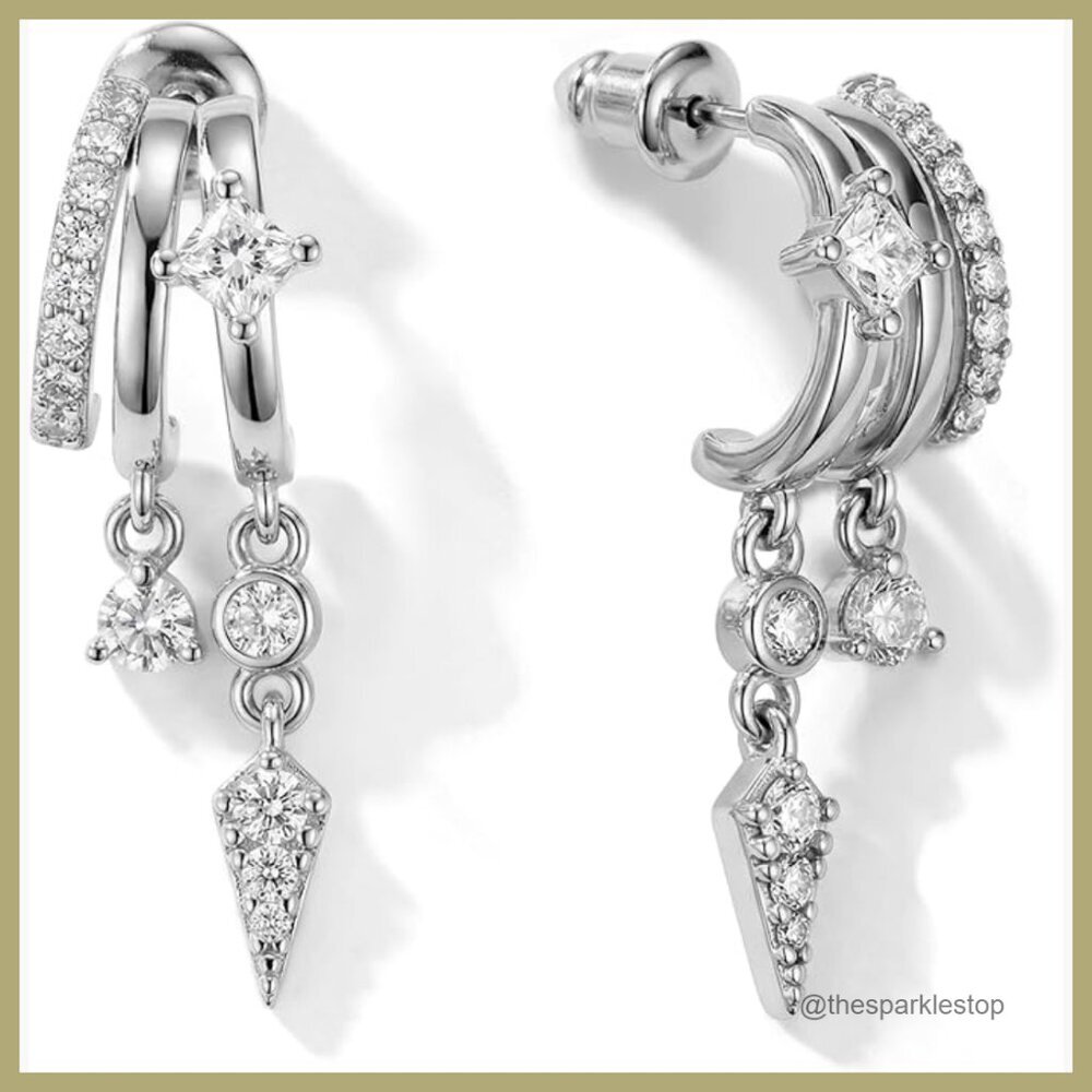 Triple Huggie Stacked Drop Dangle Earrings Gold Chain CZ
